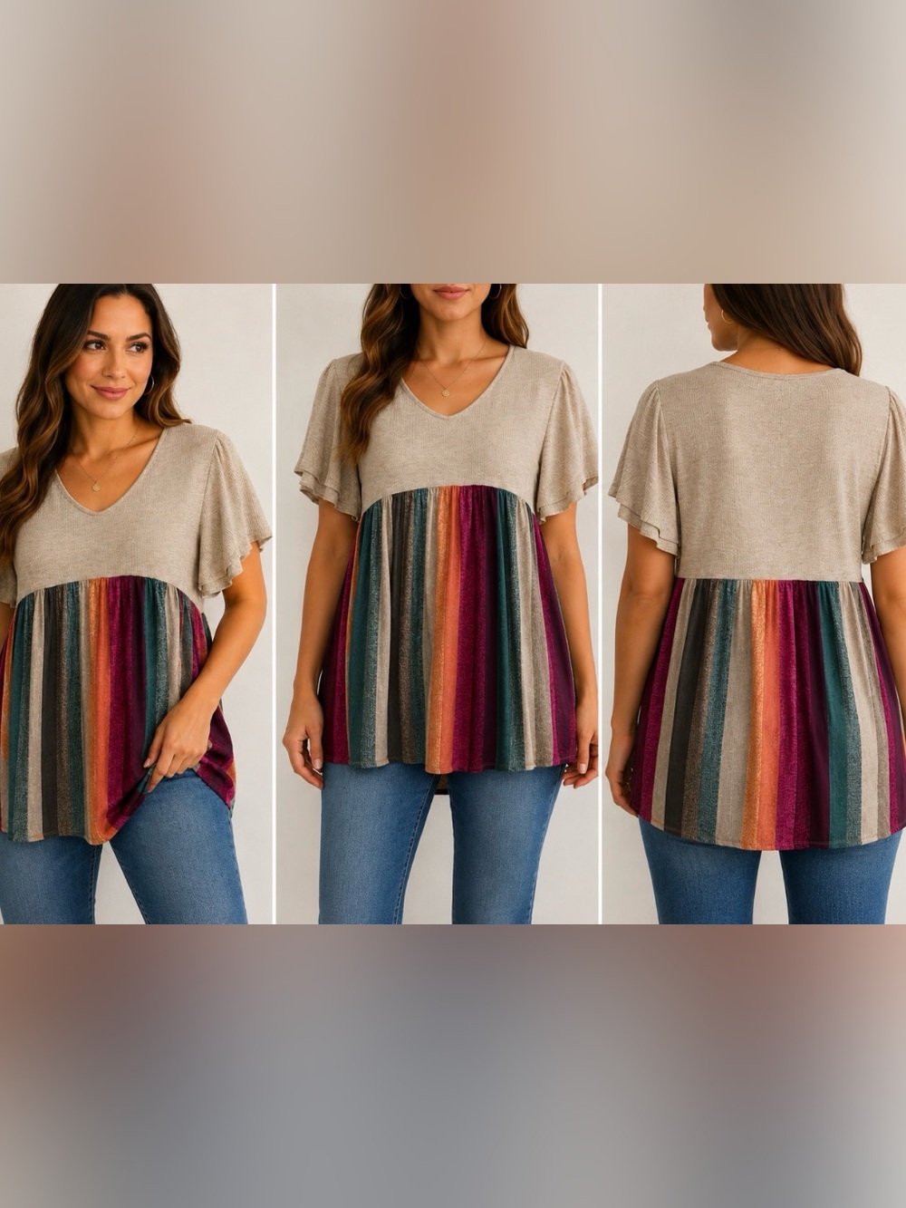Heimish USA Waffle Knit Multicolor Stripe Babydoll Tunic Top Medium